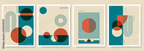 Collection of four vintage-inspired abstract geometric posters with a minimalist bauhaus style and a muted color palette.