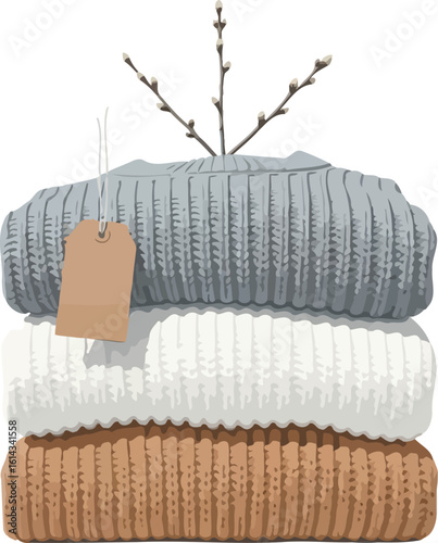 3D Render of a Stacked Knitted Sweaters with a Tag and Branches