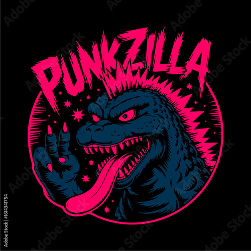 Illustration of a stylized Godzilla-like monster with a pink mohawk, tongue out, and the text 