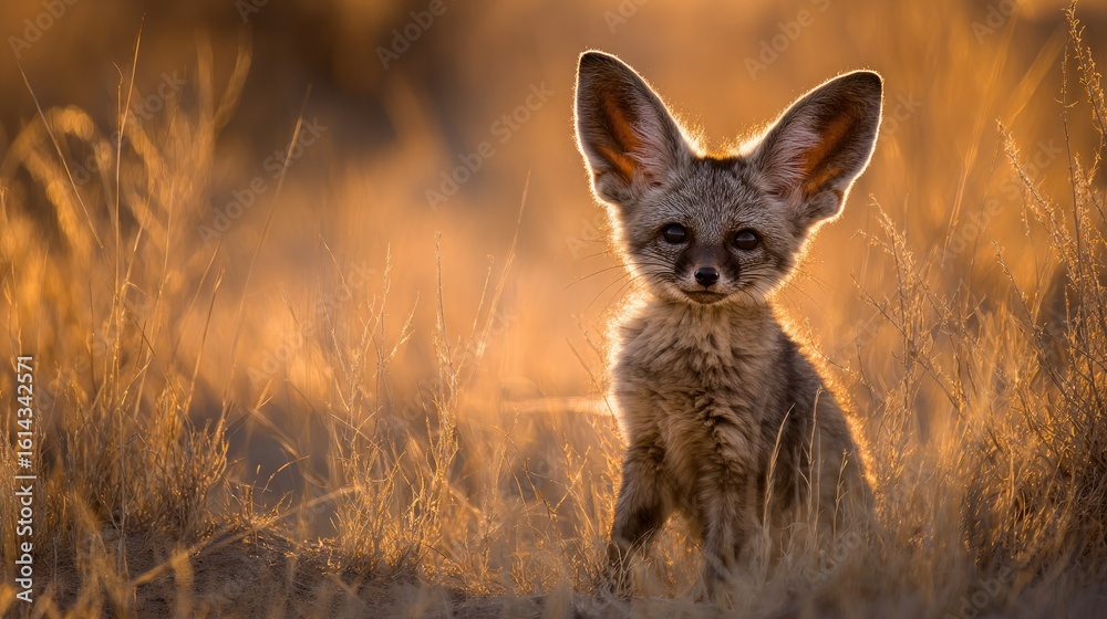 A young desert fox sits in the golden sunlight. A young desert fox sits in the golden sunlight.