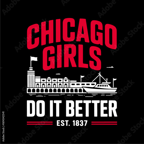 Graphic design featuring text and a stylized illustration of Chicago architecture.