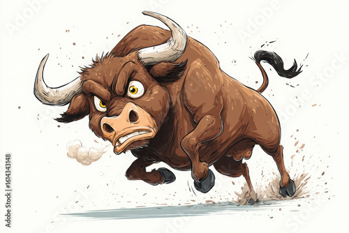 A solo cartoon bull caught mid-buck with flared nostrils and steam, full of energy and motion, perfect for rodeo-themed graphics.