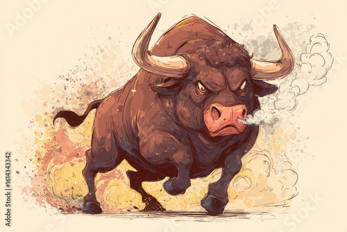 A solo cartoon bull caught mid-buck with flared nostrils and steam, full of energy and motion, perfect for rodeo-themed graphics.