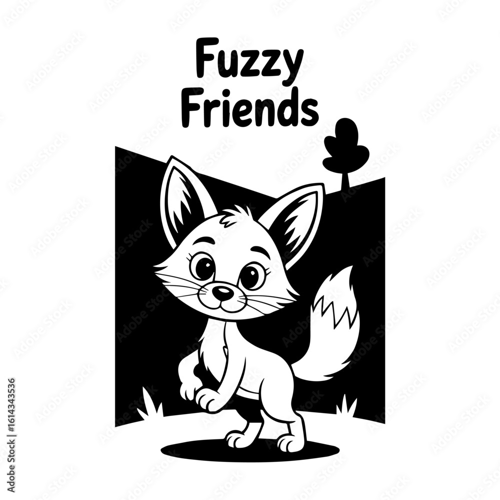 Naklejka premium Adorable cartoon fox pup stands in a simple landscape, part of a 