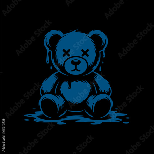 A blue illustration of a teddy bear with dripping details against black background.