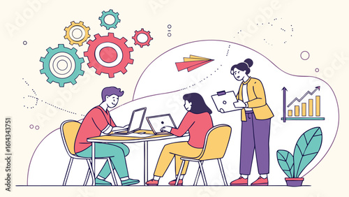 Illustration of team working together at a table with laptops and a manager overseeing their progress and growth