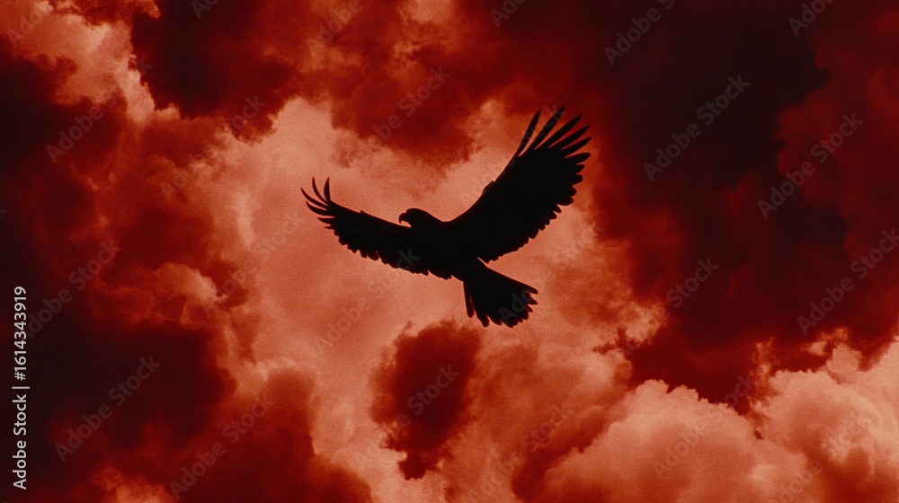 Obraz premium Fiery sky, soaring eagle silhouette, apocalyptic backdrop, dramatic art