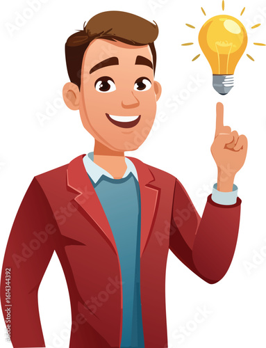 Illustration of a person with a light bulb over their head, symbolizing inspiration, creativity, or innovation.