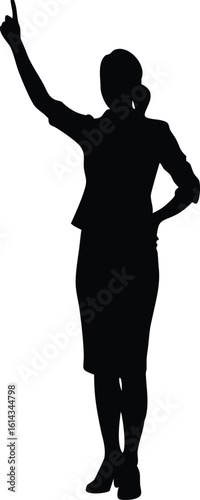 Silhouette of a Businesswoman Raising Hand for Attention, Leadership Gesture