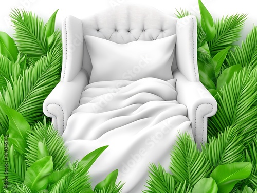 Elegant white armchair nestled among vibrant green tropical foliage illustration