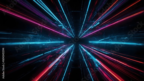 Abstract Light Tunnel:  A captivating, energetic light tunnel composed of vivid, glowing neon beams, creating a sense of velocity and futuristic travel.