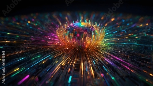 Digital Symphony: A captivating digital artwork showcases a vibrant sphere at the center of an electrifying network, with radiant lines and colors spreading outward.