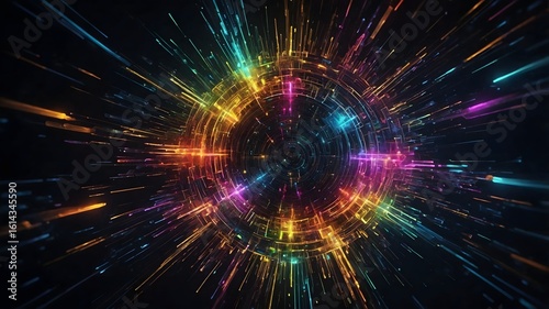 Cosmic Burst: A captivating display of radiant, colorful energy explodes outward from a central point, suggesting vastness of the universe.