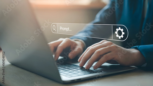 Typing a prompt into search bar on laptop for AI solutions and automation