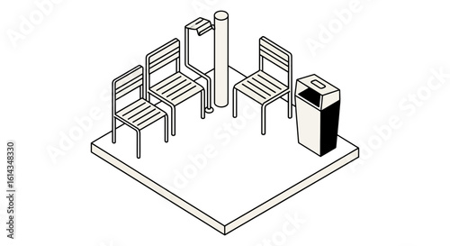 Seating area with trash can and post for public space
