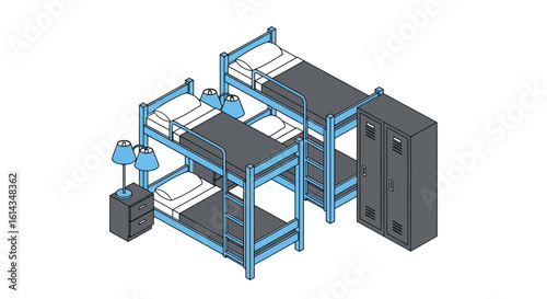 Dorm room bunk beds with storage and bedside table