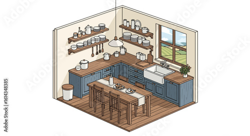 Cozy kitchen interior with farmhouse table and window view