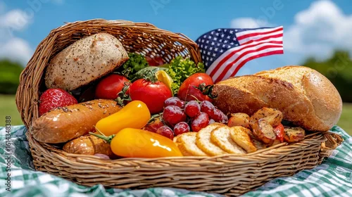 Obraz Summer Picnic Basket with Bread Fruit Vegetables and American Flag