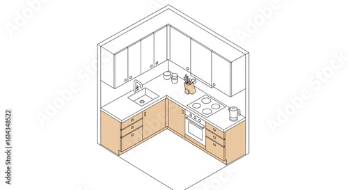 Modern kitchen layout with appliances and utensils