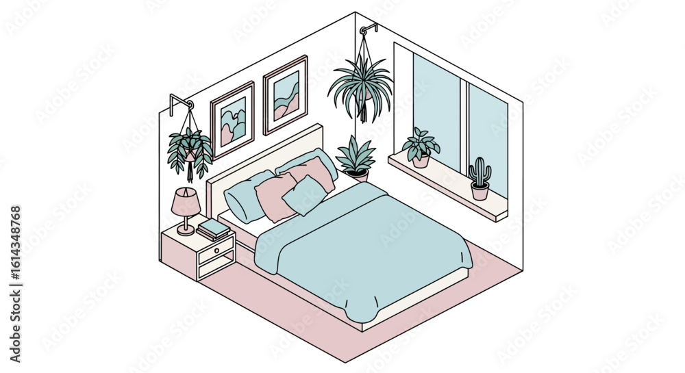 Fototapeta premium Bedroom interior with plants and decor, cozy room