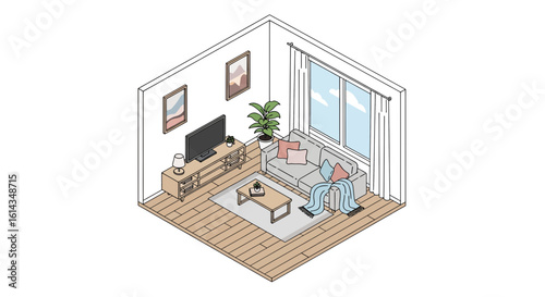 Cozy living room interior with sofa and television