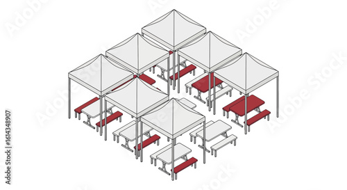 Outdoor event setup with tents and picnic tables