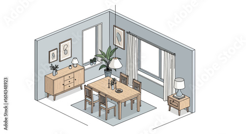 Dining room interior with wooden furniture and decor