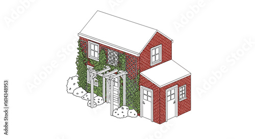 Brick house with trellis and greenery, garden landscaping