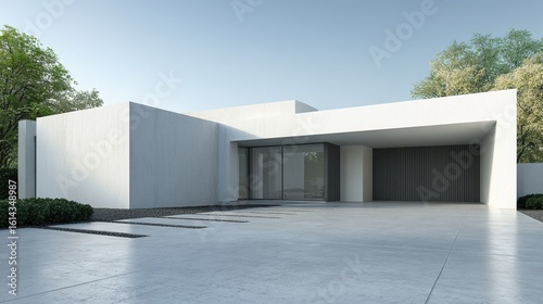 Fototapeta Naklejka Na Ścianę i Meble -  Modern house, Minimal architecture with empty wall and concrete garage driveway, 3d rendering of luxury property building. High quality