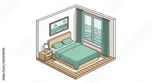 Bedroom interior with bed, window, and bedside table