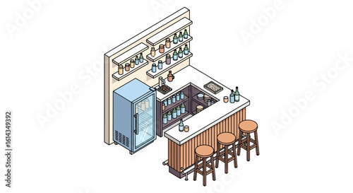 Bar counter with drinks and stools isometric view