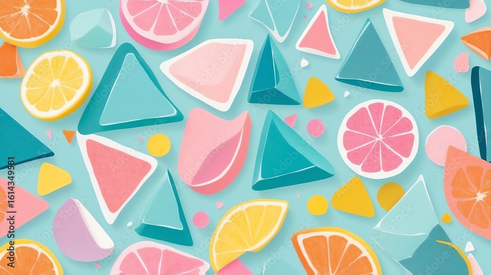 Fototapeta premium Cheerful Citrus Fruits and Geometric Shapes Pattern on Light Blue Background