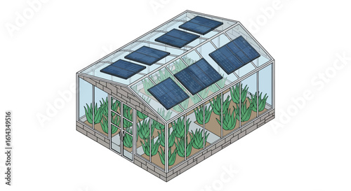 Greenhouse with solar panels and plants growing inside