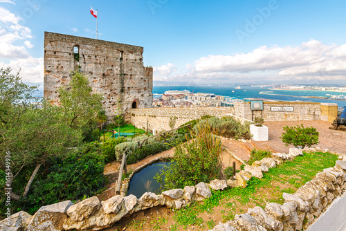 The Tower of Homage at the medieval Moorish Castle overlooking the British territory of Gibraltar, coast of Spain and the Mediterranean Sea.	