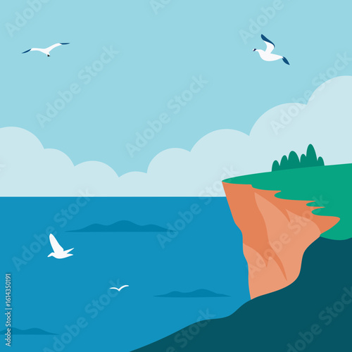 Seagulls soar over a cliff overlooking the ocean