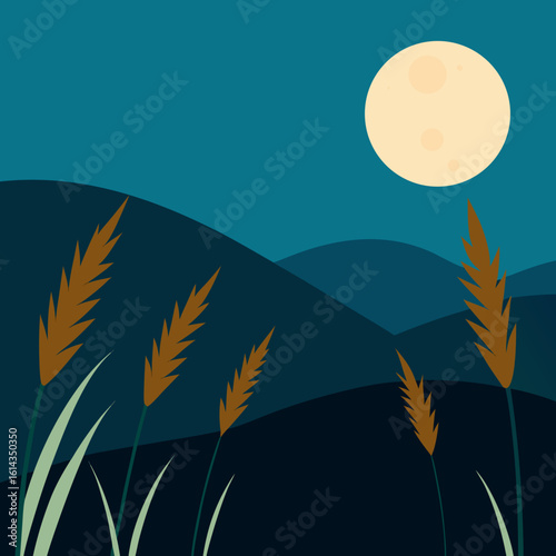 Serene night landscape with moon and reeds