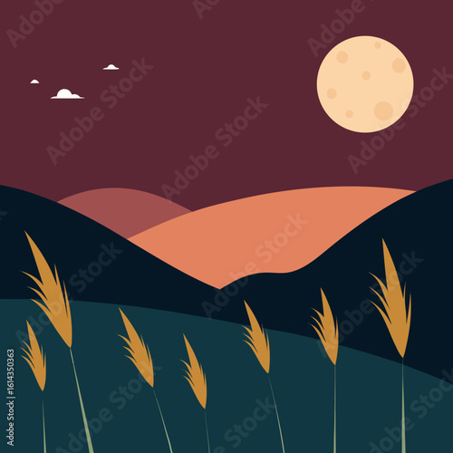 Serene moonlit landscape with reeds and rolling hills