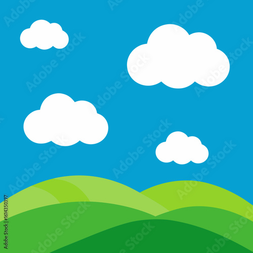 Vibrant green hills under a bright blue sky with fluffy white clouds