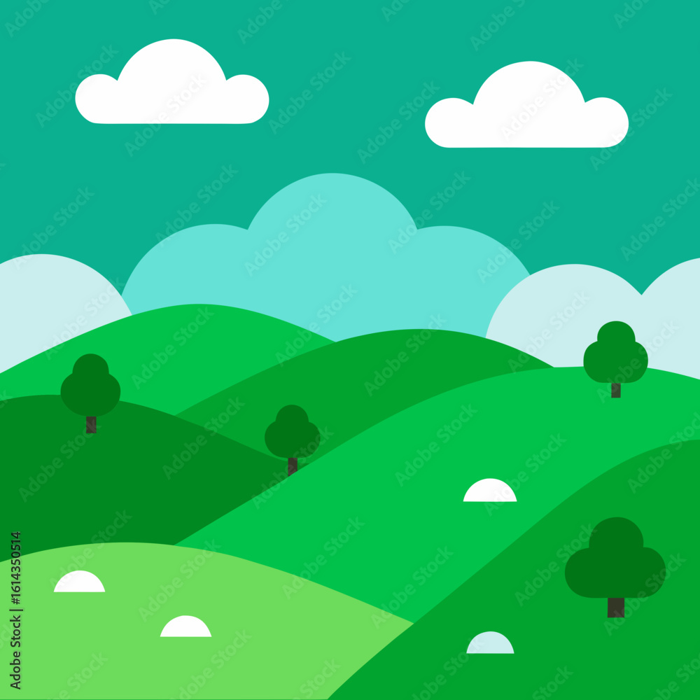 Fototapeta premium Flat design rolling hills with trees and clouds