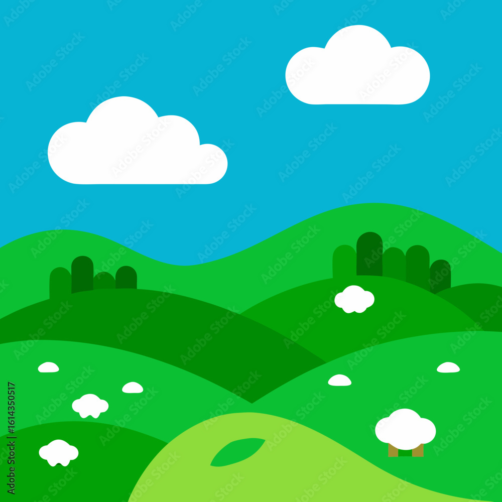 Obraz premium Stylized green rolling hills with sheep and clouds