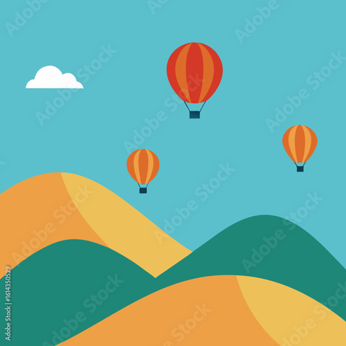 Hot air balloons ascend over rolling hills under a blue sky