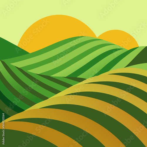 Rolling hills farm landscape with a golden sunrise