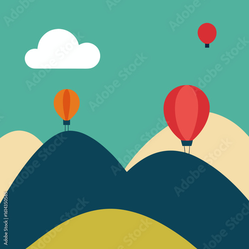 Hot air balloons ascend over stylized mountains under a cloudy sky