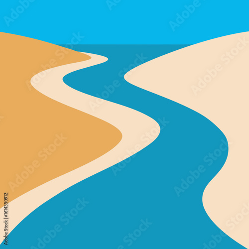 Abstract winding river through sandy dunes under a blue sky