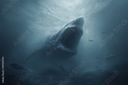 Giant Sea Monster rising from the ocean depths with gaping mouth in terrifying and surreal underwater nightmare