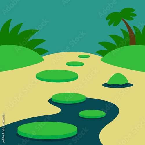 Tropical oasis with stepping stones and palm tree