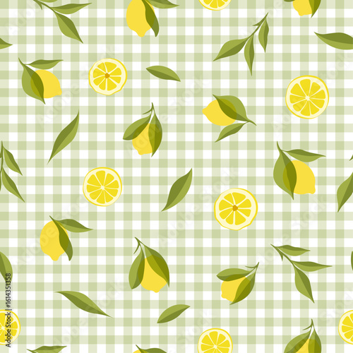 lemons seamless pattern. Vector illustration, green check pattern, yellow green, wrapping paper, textile, slice