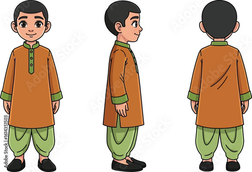 Cartoon boy in traditional clothing shown from front side and back view