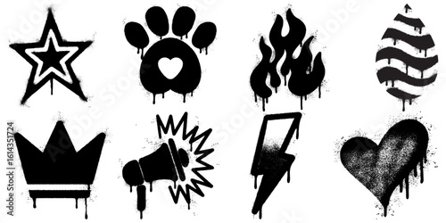 Grunge Spray Paint Stencil Icons Set. Urban Street Art Style Symbols, featuring a star, paw print, flame, droplet, crown, megaphone, lightning bolt, and heart.