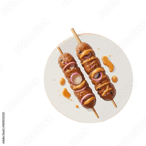 Grilled Meatball Skewers with Sauce and Onions. Indonesian Satay (Sate Bakso / Sate Lilit).